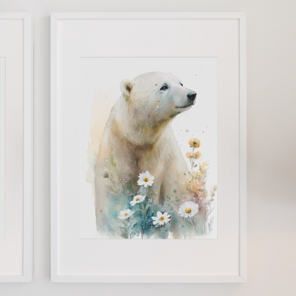 Floral Polar Bear Watercolor Wall Art Illustration Print Poster Unframed - Picture 8 of 8